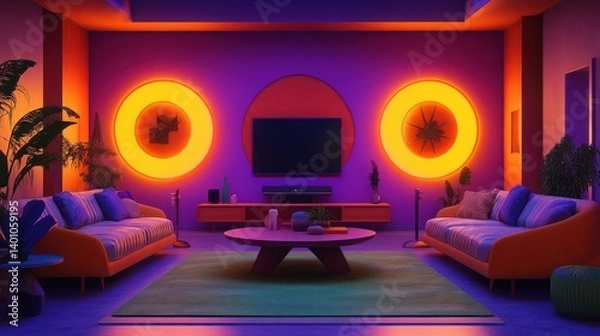 Fototapeta Retro living room, neon lights, night scene, TV, plants, home decor