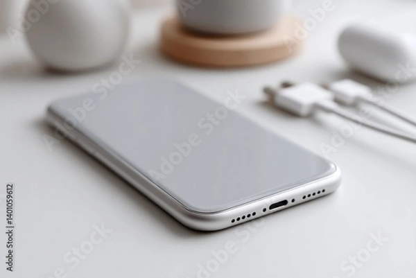 Fototapeta smartphone lies on plain white desk surrounded by charging cables and digital gadgets symbolizing digital dependence