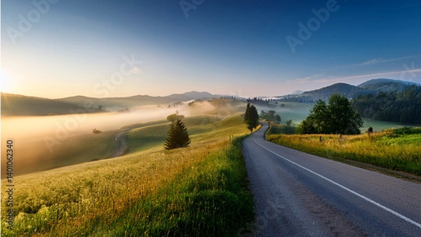 Fototapeta Serene scenic drive with golden fog and soft morning shadows