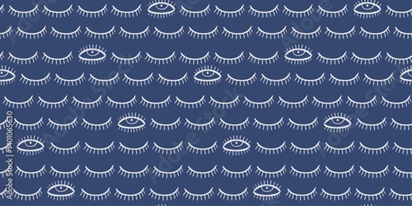 Obraz The image features a repeating pattern of white eyes and eyelashes on a deep blue background. The eyes are stylized and simple, with a single pupil and a few lashes.