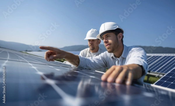 Fototapeta Two engineers in hard hats work on photovoltaic panels, focusing on solar energy solutions. They are outdoors, surrounded by solar panels, under clear sky, showcasing teamwork and innovation