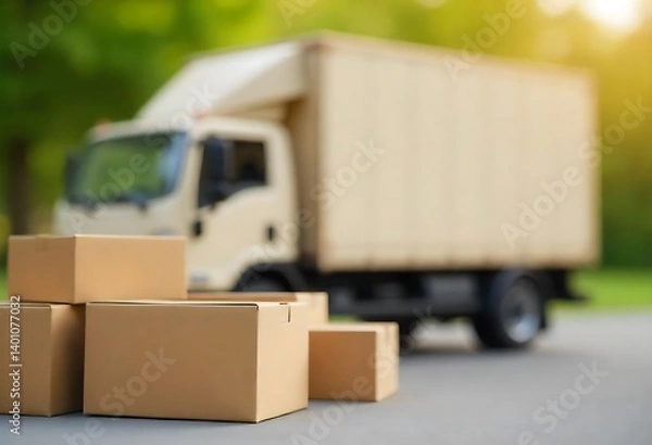Fototapeta Generative AI Image of Delivery Truck with Cardboard Boxes for Shipping and Moving Services with Natural Background