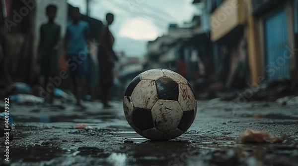 Fototapeta Soccer ball  on the street in the slum