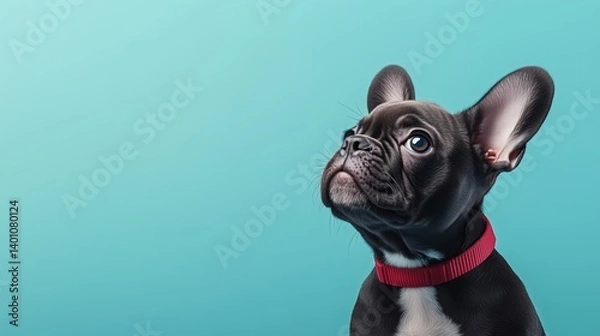 Fototapeta Cool looking French Bulldog puppy isolated on light background. Copy space for text on the side.