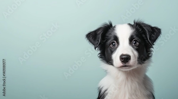 Obraz Cool looking border collie puppy isolated on light background. Copy space for text on the side.