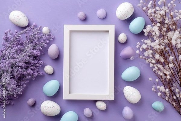 Fototapeta An overhead shot of an Easter composition featuring a blank picture frame, adorned with pastel-colored eggs, delicate flower blooms.