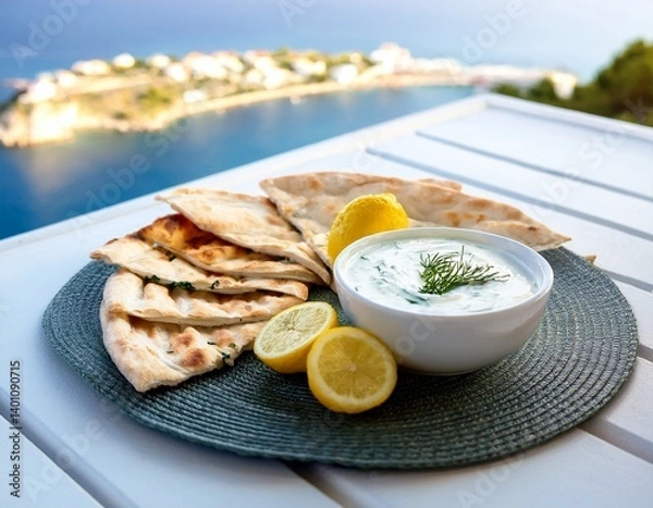 Fototapeta Tzatziki, spécialité grecque à base de yaourt et concombre servie sur une terrasse en bord de mer. Generated image