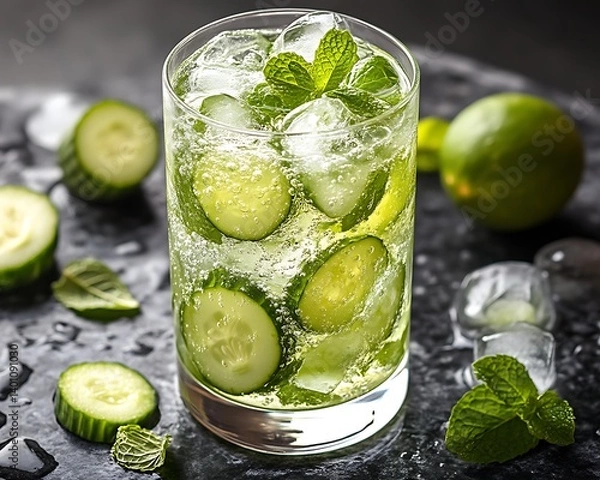 Obraz Refreshing cucumber lime mint drink with ice.