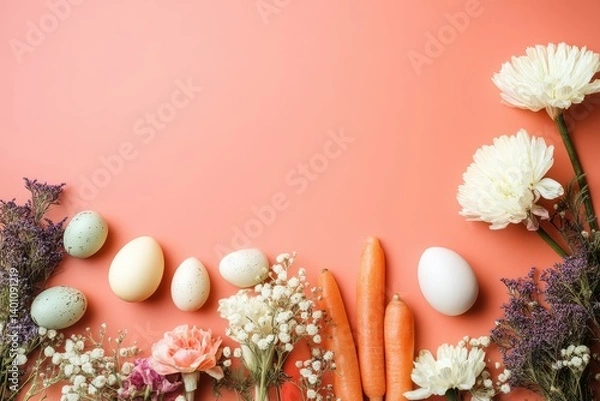 Obraz An arrangement of painted Easter eggs, fresh carrots, and vibrant flowers is placed artistically on a pink backdrop, evoking the spirit of spring. 
