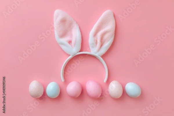 Fototapeta A charming, overhead view showcasing an Easter bunny ear headband and vibrantly colored eggs in a flat lay composition, all set against a soft pink backdrop.