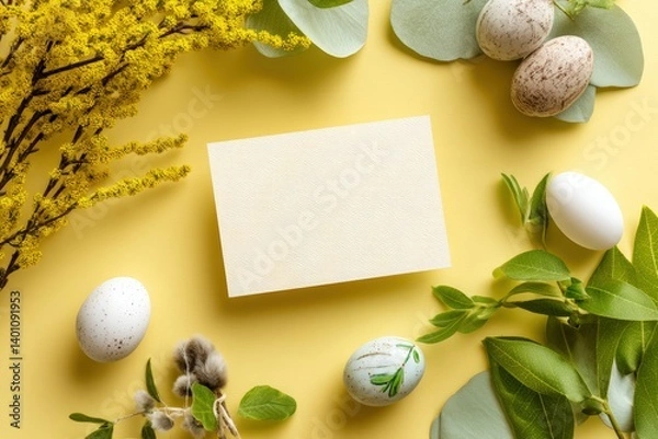 Obraz A serene Easter composition featuring a blank card, speckled and solid eggs, and lush green foliage, all set against a vibrant backdrop, symbolizing new beginnings and springtime.