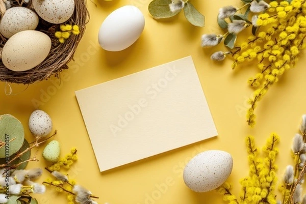 Fototapeta An elegant springtime composition featuring an array of delicately painted eggs, a rustic nest, vibrant yellow blooms, and a blank card set against a pastel backdrop.