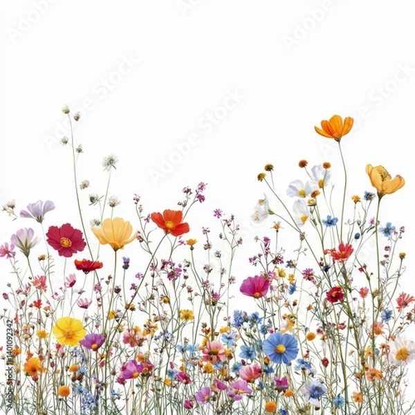 Obraz Colorful wildflowers in vibrant bloom against a clean white background creating a cheerful and fresh aesthetic