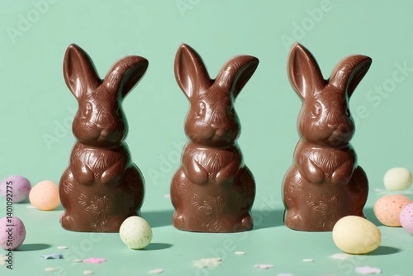 Obraz Three exquisitely crafted chocolate bunny figures stand poised amidst an array of pastel-colored Easter eggs and confetti.