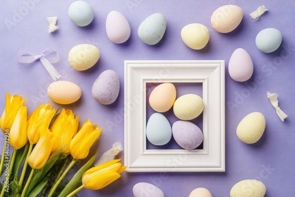 Obraz A vibrant display of pastel Easter eggs, arranged with fresh yellow tulips and a decorative frame, evoking the freshness and anticipation of springtime.
