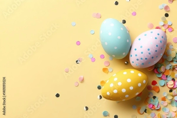 Obraz A vibrant composition of Easter eggs in pastel colors, each adorned with polka dots, is scattered alongside colorful confetti against a warm yellow backdrop.
