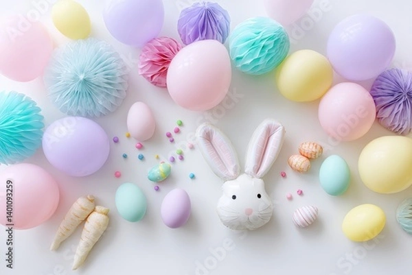 Obraz A delightful Easter scene, with pastel-colored balloons, decorations, and a charming bunny figurine.