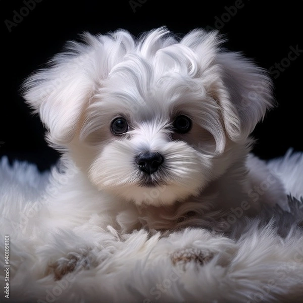 Fototapeta Yorkshire Terrier auf weißem Teppich, schwarzer Hintergrund