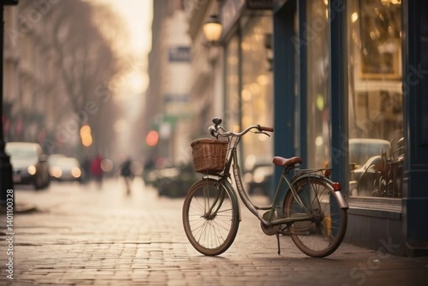 Fototapeta A quiet street, a lone bicycle, and the hum of distant city life — adventure whispers through soft focus and open space 