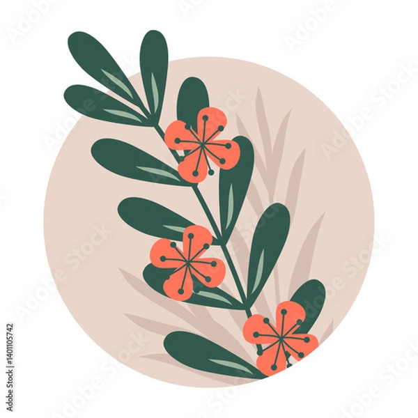 Obraz Beautiful composition of light brown flowers on a green branch with oval leaves in a circle in retro color. Vector illustration.