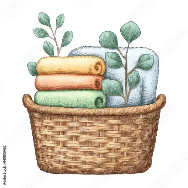 Fototapeta Pastel Towels and Linens in Wicker Basket with Eucalyptus