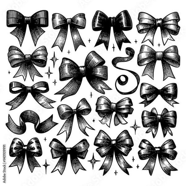 Fototapeta Collection of Hand Drawn Bows and Ribbons in Vintage Engraved Style  Set of Various Black and White Decorative Elements with Detailed Hatching for Gifts and Celebrations