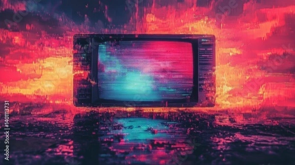 Fototapeta Old analog television showing colorful static noise and digital glitch effect