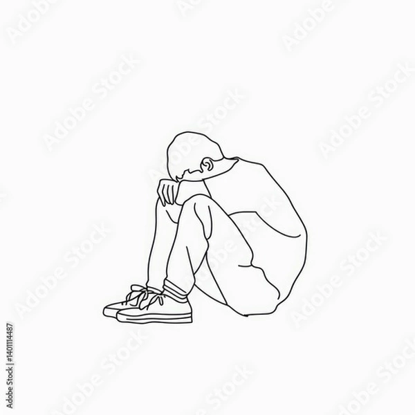 Fototapeta A solitary figure, hunched in sorrow.  Detailed line art of a person in distress, sitting with head bowed