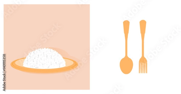 Fototapeta Rice plate with spoon and fork icon sign vector.