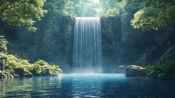 Fototapeta Waterfall cascading into a crystal-clear pond in a lush jungle setting, creating a tranquil oasis