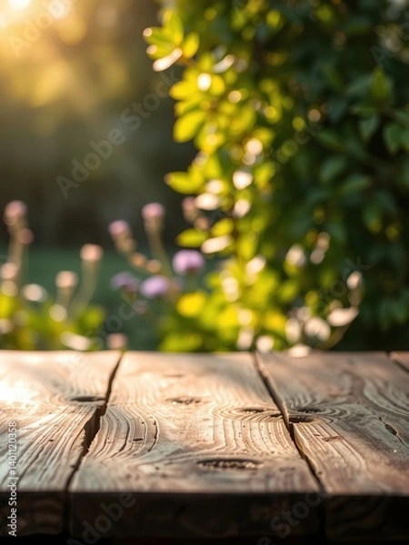 Fototapeta Wooden table top on blur background of green garden with bokeh sunlight. 

