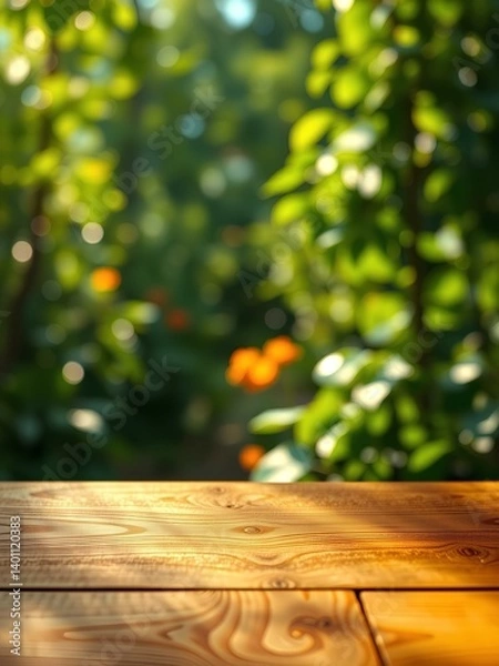 Fototapeta Wooden table top on blur background of green garden with bokeh sunlight. 
