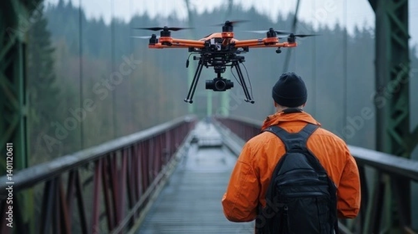 Fototapeta Operating Drone on Bridge with Man Observing and Misty Background