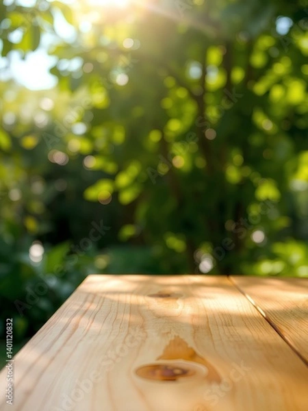Fototapeta Wooden table top on blur background of green garden with bokeh sunlight. 
