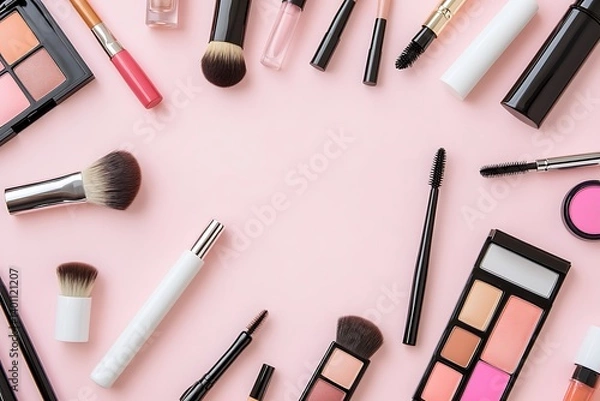 Fototapeta A collection of assorted makeup products arranged on a pastel pink background.