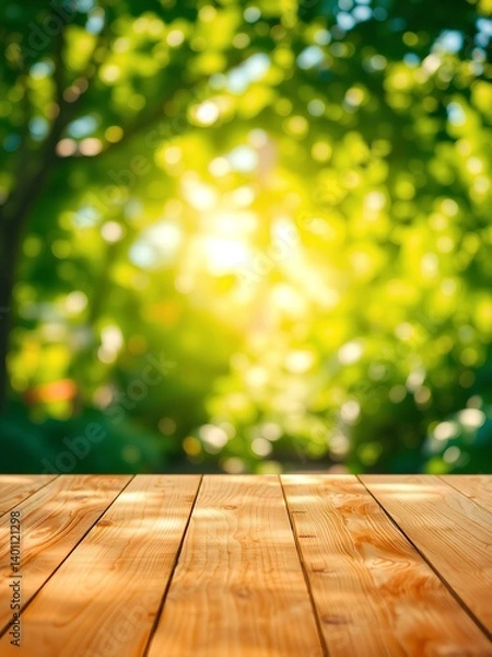Fototapeta Wooden table top on blur background of green garden with bokeh sunlight. 

