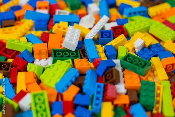 Obraz Close-up of a cluttered pile of colorful toy block bricks