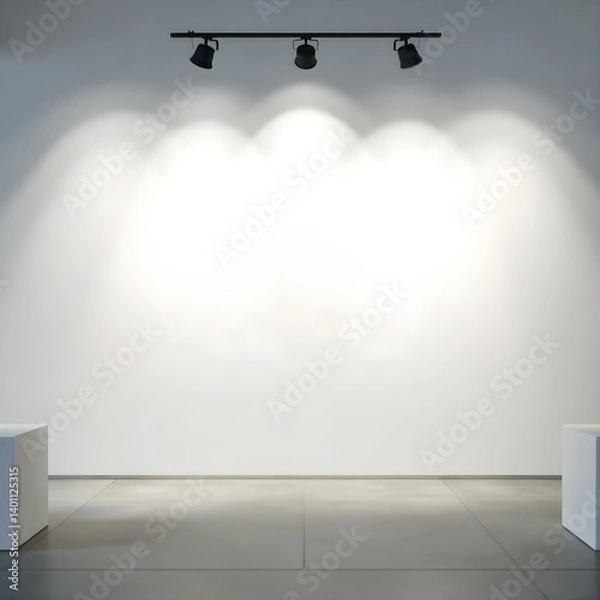 Obraz An empty art gallery with white walls, a gray concrete floor, and track lighting with five spotlights , two white plinths on the sides 
