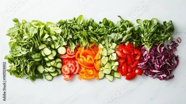 Fototapeta Fresh Colorful Vegetables and Greens Arranged Neatly on Surface
