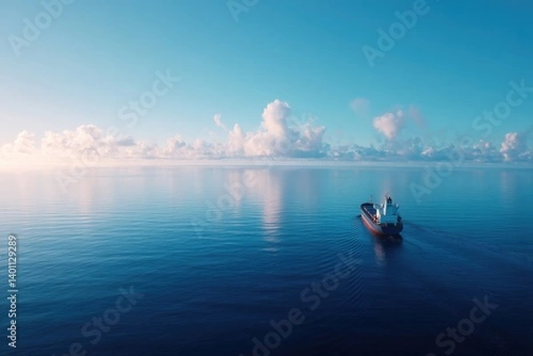Fototapeta solitary cargo ship traverses vast open sea beneath serene sky its wake tracing path through deep blue waters