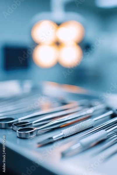 Fototapeta sterile operating room is prepared with array of medical equipment visible including surgical instruments on tray under