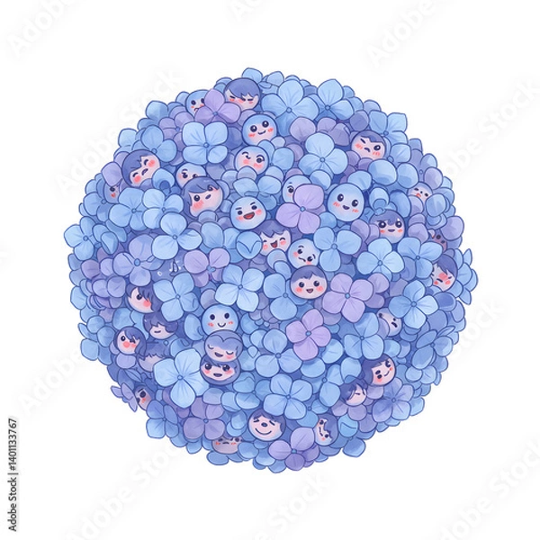 Fototapeta Blushing Cartoon Hydrangea Cluster with Sparkling Eyes