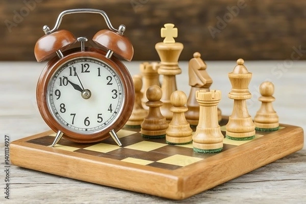 Fototapeta A vintage alarm clock sits atop a chessboard, symbolizing the constraints of time in strategic games.