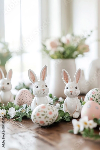 Obraz Light Easter decorations with white flowers, white painted patterned Easter eggs, ceramic rabbits.