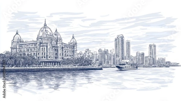 Fototapeta A sketch depicting a cityscape with buildings and water reflection