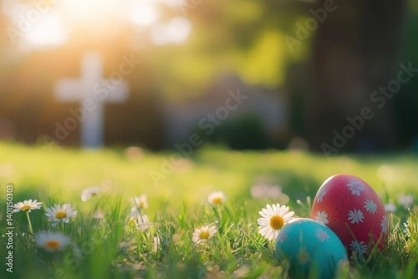 Obraz Colorful Easter eggs in the grass with daisies and copy space for text, blurred background of an Easter landscape with a white church cross, bright sunny day, sunlight, happy holiday concept