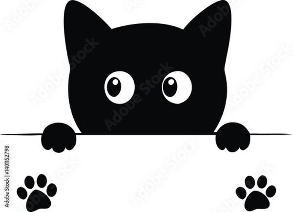 Fototapeta Silhouette Black Cat with Paw Prints on White Isolated Background Cartoon Design