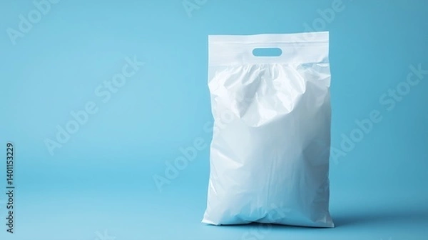 Fototapeta Full sealed white blank plastic bag standing on light blue background with die cut handle in studio, mockup for cat litter