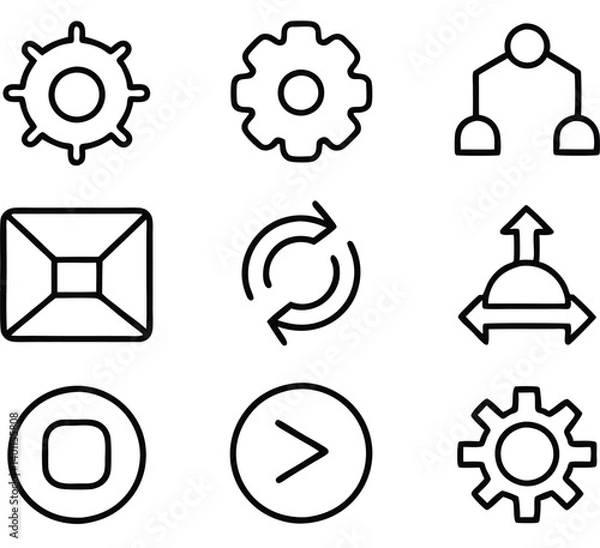 Obraz Essential icons: Minimalistic monochrome icons conveying functionality, technology and system concepts for modern UI/UX design.