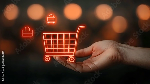 Fototapeta Shopping Cart in Hand: A Neon Illustration Representing Convenience, Accessibility, and Modern Commerce, Online Ordering.